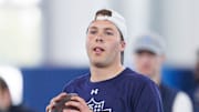 Quarterback Riley Leonard during Notre Dame football's Pro Day at Irish Athletic Center on Thursday, March 27, 2025, in South Bend.