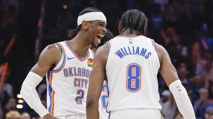 Mar 14, 2024; Oklahoma City, Oklahoma, USA; Oklahoma City Thunder guard Shai Gilgeous-Alexander (2) celebrates with forward Jalen Williams (8) after he dunked against the Dallas Mavericks during the second half at Paycom Center. Mandatory Credit: Alonzo Adams-USA TODAY Sports