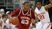 Feb 10, 2008; Columbus, OH, USA; Indiana Hoosiers guard Eric Gordon (23) drives against Ohio State Buckeyes guard Evan Turner (21) in the second half at Value City Arena. The Hoosiers beat the Buckeyes 59-53. Mandatory Credit: Matthew Emmons-Imagn Images