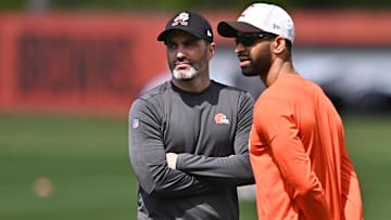 Cleveland Browns head coach Kevin Stefanski (left) watches camp with general manager Andrew Berry during rookie minicamp at the Cleveland Browns Training Facility.