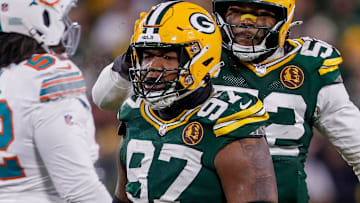 Green Bay Packers defensive tackle Kenny Clark (97) and defensive end Rashan Gary (52) celebrate after Clark sacks Miami Dolphins quarterback Tua Tagovailoa on Thursday, November 28, 2024, at Lambeau Field in Green Bay, Wis. The Packers won the game, 30-17.
Tork Mason/USA TODAY NETWORK-Wisconsin