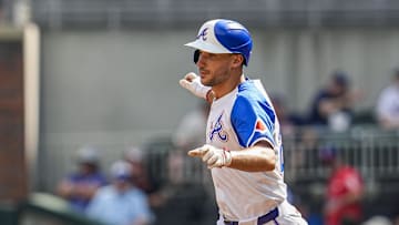 Jul 5, 2025; Cumberland, Georgia, USA; Atlanta Braves first baseman Matt Olson (28) reacts after hitting a home run against the Baltimore Orioles during the third inning at Truist Park. Mandatory Credit: Dale Zanine-Imagn Images