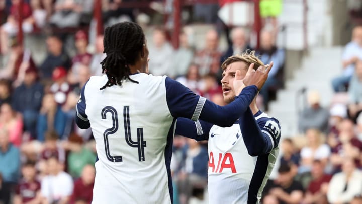 Heart of Midlothian v Tottenham Hotspur- Pre-Season Friendly. Werner and Spence celebrate after combining for a goal at Hearts 