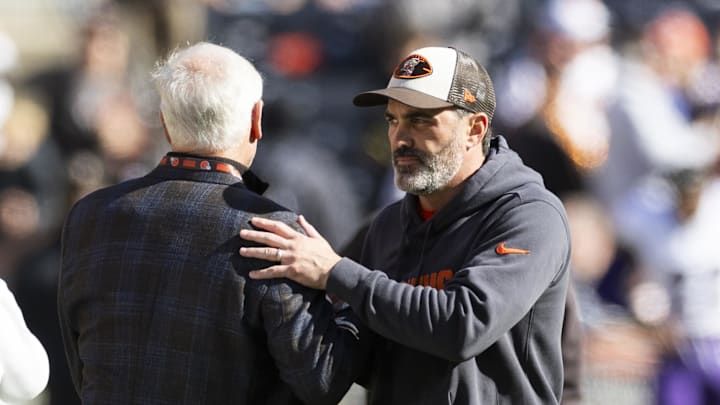 Oct 27, 2024; Cleveland, Ohio, USA; Cleveland Browns head coach Kevin Stefanski shakes hands with managing and principal partner Jimmy Haslam before the game against the Baltimore Ravens at Huntington Bank Field. Mandatory Credit: Scott Galvin-Imagn Images