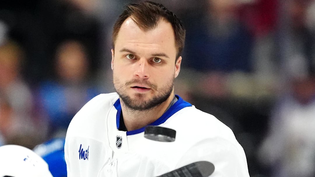 Jan 12, 2026; Denver, Colorado, USA; Toronto Maple Leafs center Scott Laughton (24) before the game against the Colorado Avalanche at Ball Arena. Mandatory Credit: Ron Chenoy-Imagn Images