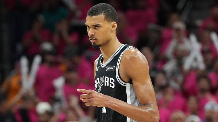 May 22, 2026; San Antonio, Texas, USA; San Antonio Spurs forward Victor Wembanyama (1) reacts in the second half during game three of the western conference finals for the 2026 NBA playoffs at Frost Bank Center. Mandatory Credit: Scott Wachter-Imagn Images