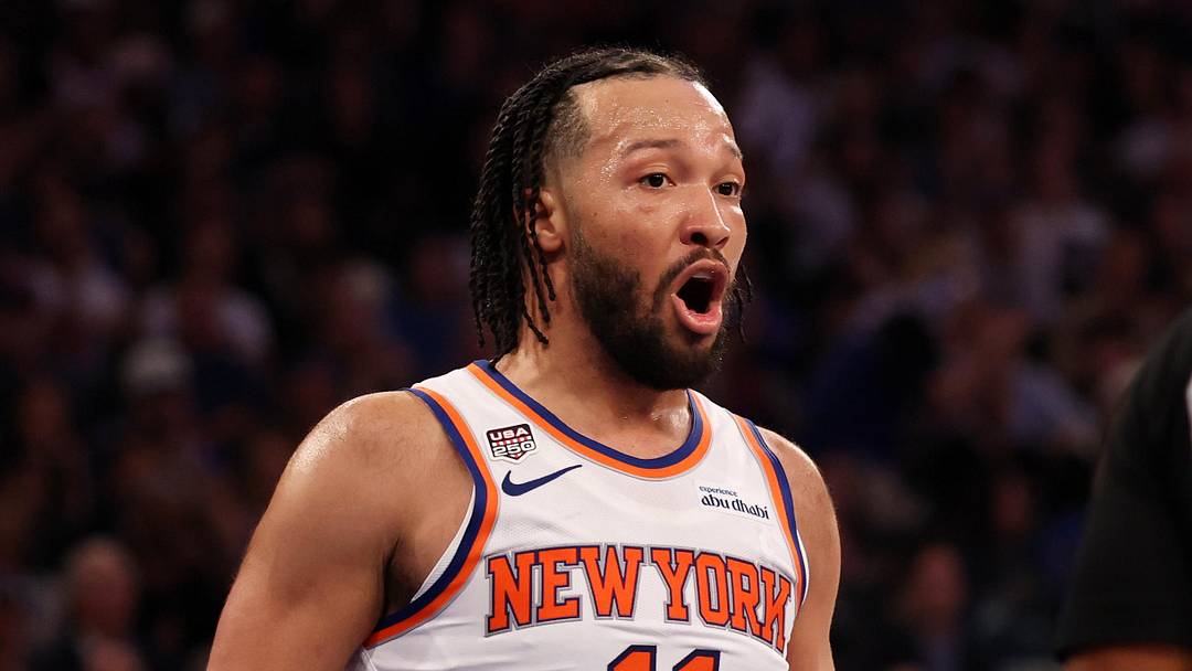 Jun 8, 2026; New York, New York, USA; New York Knicks guard Jalen Brunson (11) reacts to a foul called by referee Marc Davis (8) in the third quarter during game three of the 2026 NBA Finals against the San Antonio Spurs at Madison Square Garden. Mandatory Credit: Geoff Burke-Imagn Images