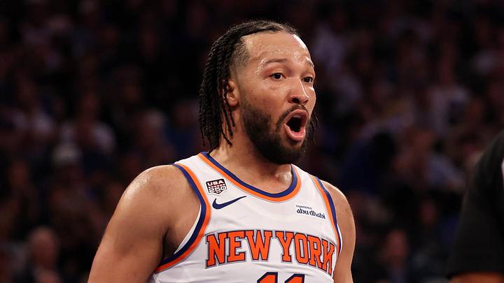 Jun 8, 2026; New York, New York, USA; New York Knicks guard Jalen Brunson (11) reacts to a foul called by referee Marc Davis (8) in the third quarter during game three of the 2026 NBA Finals against the San Antonio Spurs at Madison Square Garden. Mandatory Credit: Geoff Burke-Imagn Images