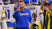 Nov 23, 2025; Inglewood, California, USA; Los Angeles Rams head coach Sean McVay congratulates cornerback Cobie Durant (14) after an interception for a touchdown in the first half against the Tampa Bay Buccaneers at SoFi Stadium. 