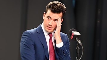 Sep 27, 2021; Toronto, Ontario, Canada;  Toronto Raptors general manager Bobby Webster speaks to the media  during Media Day at Scotiabank Arena. Mandatory Credit: Dan Hamilton-Imagn Images