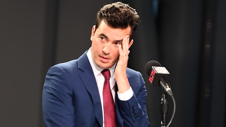 Sep 27, 2021; Toronto, Ontario, Canada;  Toronto Raptors general manager Bobby Webster speaks to the media  during Media Day at Scotiabank Arena. Mandatory Credit: Dan Hamilton-Imagn Images