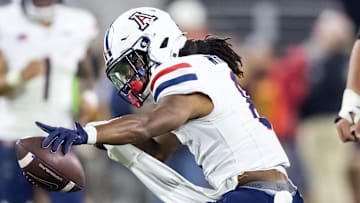 Nov 28, 2025; Tempe, Arizona, USA; Arizona Wildcats wide receiver Javin Whatley (6) celebrates a first down catch against the Arizona State Sun Devils in the second half during the 99th Territorial Cup at Mountain America Stadium. Mandatory Credit: Mark J. Rebilas-Imagn Images