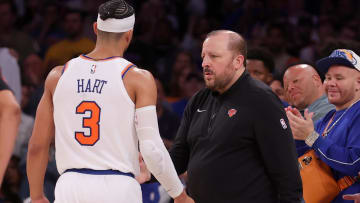 May 19, 2024; New York, New York, USA; New York Knicks head coach Tom Thibodeau greets guard Josh Hart (3) as he leaves the game after fouling out during the fourth quarter of game seven of the second round of the 2024 NBA playoffs against the Indiana Pacers at Madison Square Garden. Mandatory Credit: Brad Penner-USA TODAY Sports
