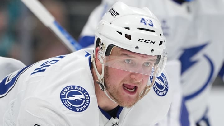 Jan 3, 2026; San Jose, California, USA; Tampa Bay Lightning defenseman Darren Raddysh (43) during the second period against the San Jose Sharks at SAP Center at San Jose. Mandatory Credit: Darren Yamashita-Imagn Images