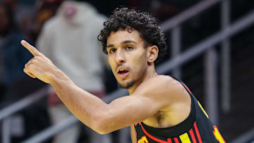 Zaccharie Risacher #10 of the Atlanta Hawks reacts against the Cleveland Cavaliers.