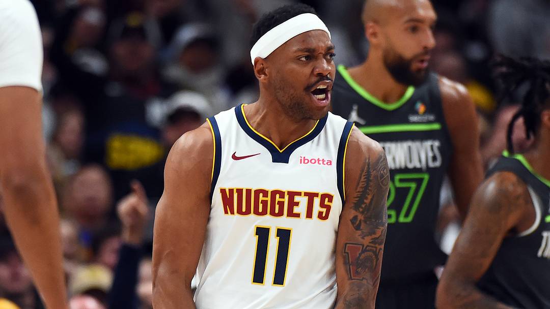Denver Nuggets guard Bruce Brown (11) reacts (Mandatory Credit: Christopher Hanewinckel-Imagn Images)