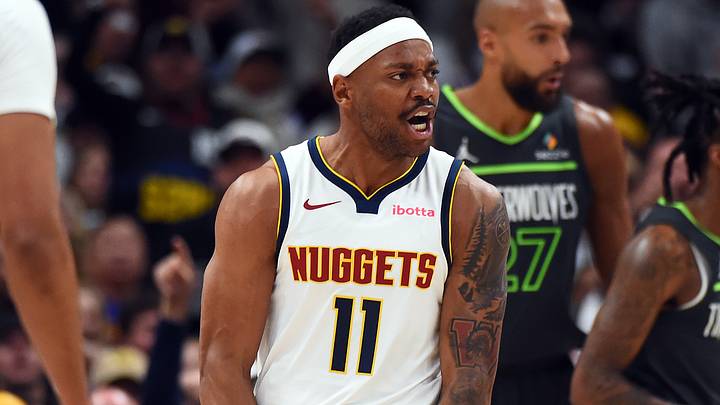 Denver Nuggets guard Bruce Brown (11) reacts (Mandatory Credit: Christopher Hanewinckel-Imagn Images)