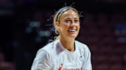 Aug 17, 2025; Uncasville, Connecticut, USA; Indiana Fever guard Sophie Cunningham (8) warms up before the start of the game against the Connecticut Sun at Mohegan Sun Arena. Mandatory Credit: David Butler II-Imagn Images