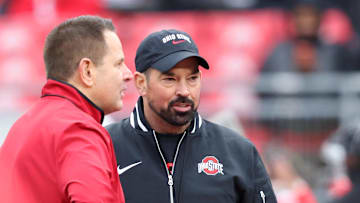 Nov 23, 2024; Columbus, Ohio, USA;  Ohio State Buckeyes head coach Ryan Day(right) and Indiana Hoosiers head coach Curt Cignetti meet at midfield before the game at Ohio Stadium. Mandatory Credit: Joseph Maiorana-Imagn Images