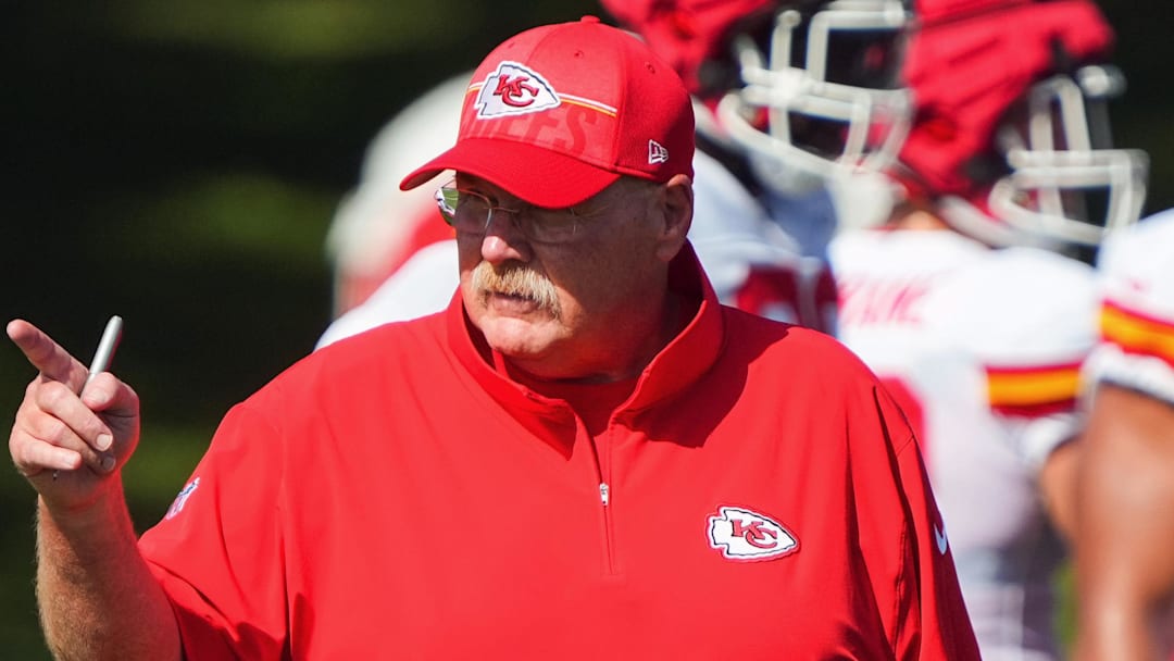 Jul 28, 2023; St. Joseph, MO, USA; Kansas City Chiefs head coach Andy Reid during training camp at Missouri Western State University. Mandatory Credit: Jay Biggerstaff-Imagn Images
