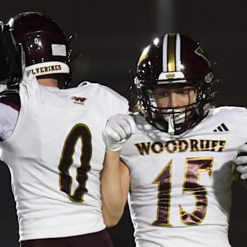 Woodruff Wolverines Kayden Barnaby (0) and Woodruff Wolverines Rhylan Renfrow (15) celebrate after a touchdown Friday, Sept. 12, 2025 during the SCHSL football game against the Woodmont Wildcats at Woodmont High School in Piedmont, South Carolina.