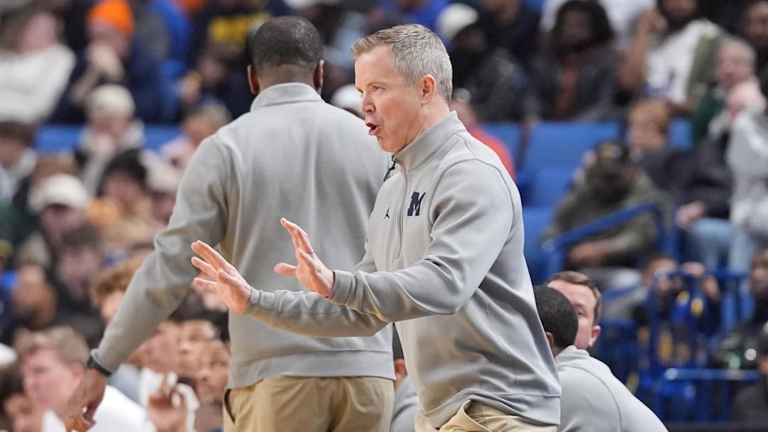 Mar 19, 2026; Buffalo, NY, USA; Michigan Wolverines head coach Dusty May instructs his team against the Howard Bison during the second half of a first round game of the men's 2026 NCAA Tournament at Keybank Center. Mandatory Credit: Gregory Fisher-Imagn Images