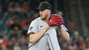 Jul 9, 2024; Houston, Texas, USA;  Miami Marlins starting pitcher Trevor Rogers (28) pitches against the Houston Astros in the second inning at Minute Maid Park