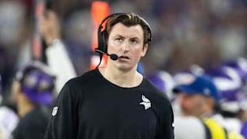 Jan 13, 2025; Glendale, AZ, USA; Minnesota Vikings assistant quarterbacks coach Grant Udinski against the Los Angeles Rams during an NFC wild card game at State Farm Stadium. Mandatory Credit: Mark J. Rebilas-Imagn Images