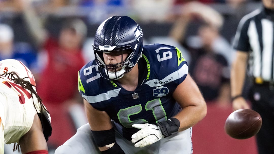 Sep 25, 2025; Glendale, Arizona, USA; Seattle Seahawks center Jalen Sundell (61) against the Arizona Cardinals at State Farm Stadium. Mandatory Credit: Mark J. Rebilas-Imagn Images