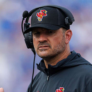 Sep 2, 2023; Lexington, Kentucky, USA; Ball State Cardinals head coach Mike Neu looks on during the first quarter against the Kentucky Wildcats at Kroger Field. Mandatory Credit: Jordan Prather-Imagn Images