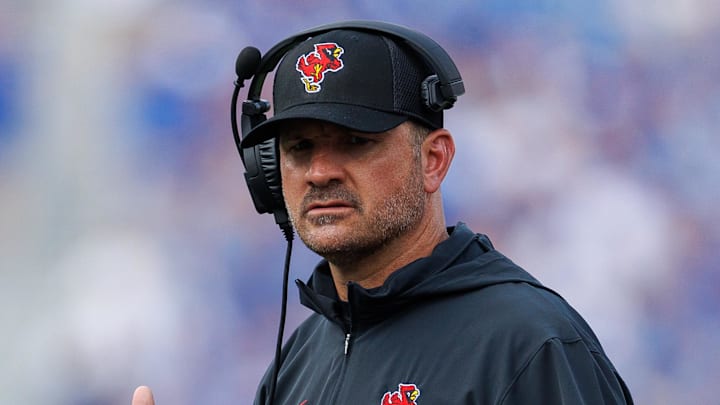 Sep 2, 2023; Lexington, Kentucky, USA; Ball State Cardinals head coach Mike Neu looks on during the first quarter against the Kentucky Wildcats at Kroger Field. Mandatory Credit: Jordan Prather-Imagn Images