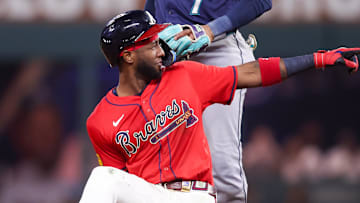 Sep 5, 2025; Atlanta, Georgia, USA; Atlanta Braves left fielder Jurickson Profar (7) celebrates after a double against the Seattle Mariners in the eighth inning at Truist Park. Mandatory Credit: Brett Davis-Imagn Images
