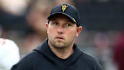 Sep 6, 2025; Starkville, Mississippi, USA; Arizona State Sun Devils head coach Kenny Dillingham looks on during warm ups prior to the game against the Mississippi State Bulldogs at Davis Wade Stadium at Scott Field. Mandatory Credit: Petre Thomas-Imagn Images