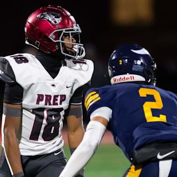Central Catholic cornerback Xxavier Thomas (2) lines up across from St. Joseph's Prep wide receiver Jett Harrison in the first half of the PIAA Class 6A football championship game at Cumberland Valley High School, Saturday, Dec. 7, 2024, in Silver Spring Township, Pa.