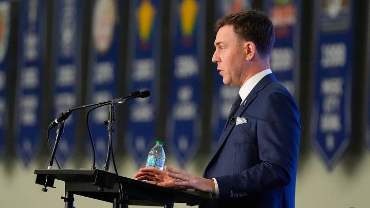 New Kentucky Wildcat head coach Will Stein makes remarks as he is introduced at Kentucky on Wednesday, December 3, 2025