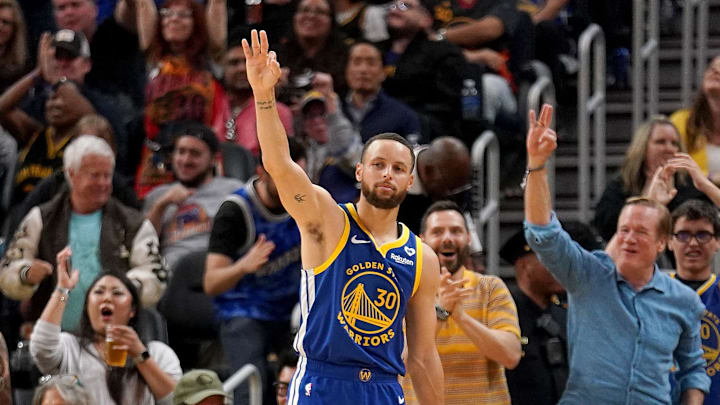 Apr 2, 2024; San Francisco, California, USA; Golden State Warriors guard Stephen Curry (30) reacts after the Warriors made a three point basket against the Dallas Mavericks in the fourth quarter at the Chase Center. 