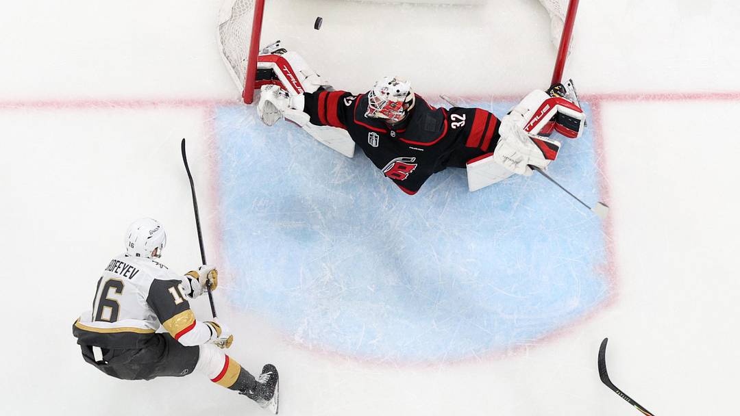 Jun 11, 2026; Raleigh, North Carolina, USA; Vegas Golden Knights right wing Pavel Dorofeyev (16) scores past Carolina Hurricanes goaltender Brandon Bussi (32) during the first period in game five of the 2026 Stanley Cup Final at Lenovo Center.