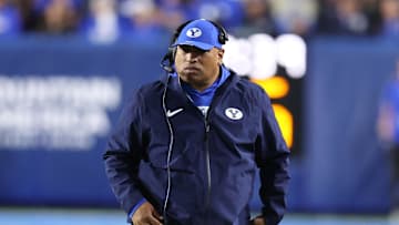 Oct 18, 2025; Provo, Utah, USA; BYU Cougars head coach Kalani Sitake calls a time out against the Utah Utes during the second quarter at LaVell Edwards Stadium. Mandatory Credit: Rob Gray-Imagn Images