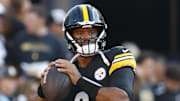 Aug 9, 2024; Pittsburgh, Pennsylvania, USA;  Pittsburgh Steelers quarterback Russell Wilson (3) warms up before playing the Houston Texans at Acrisure Stadium.