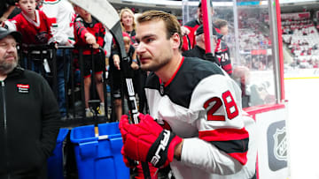 New Jersey Devils Timo Meier (28) comes off the ice after the warmups against the Carolina Hurricanes: James Guillory-Imagn Images