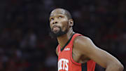 Nov 16, 2025; Houston, Texas, USA; Houston Rockets forward Kevin Durant (7) looks up during the first quarter against the Orlando Magic at Toyota Center. Mandatory Credit: Troy Taormina-Imagn Images
