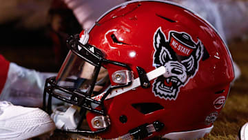 Nov 18, 2017; Winston-Salem, NC, USA; A North Carolina State Wolfpack helmet lays on the sidelines during the game against the Wake Forest Demon Deacons at BB&T Field. Mandatory Credit: Jeremy Brevard-Imagn Images