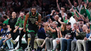 May 23, 2024; Boston, Massachusetts, USA; Boston Celtics guard Jaylen Brown (7) reacts after a play in Game 2 against the Indiana Pacers.