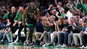 Boston Celtics guard Jaylen Brown reacts after a play against the Indiana Pacers in the second half during Game 3 of the Eastern Conference finals.