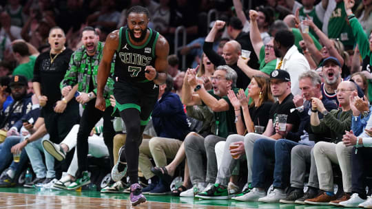 Boston Celtics guard Jaylen Brown reacts after a play against the Indiana Pacers in the second half during Game 3 of the Eastern Conference finals.
