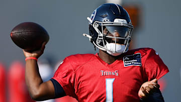 Tennessee Titans quarterback Cam Ward (1) throws the ball during an NFL football training camp practice at Ascension Saint Thomas Sports Park Saturday, Aug. 2, 2025, in Nashville, Tenn.