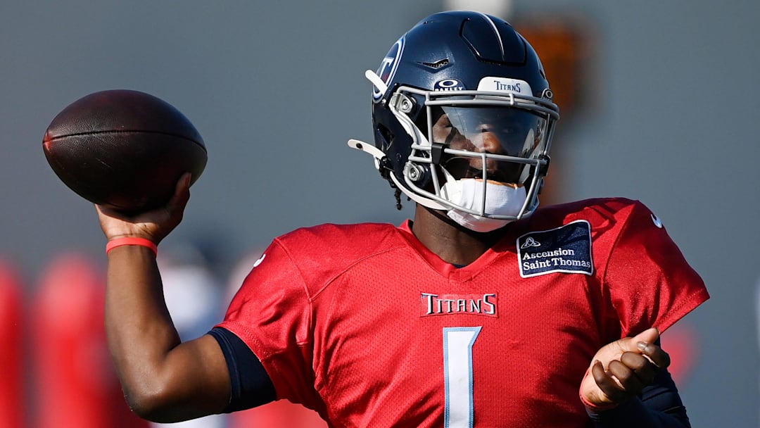 Tennessee Titans quarterback Cam Ward (1) throws the ball during an NFL football training camp practice at Ascension Saint Thomas Sports Park Saturday, Aug. 2, 2025, in Nashville, Tenn.