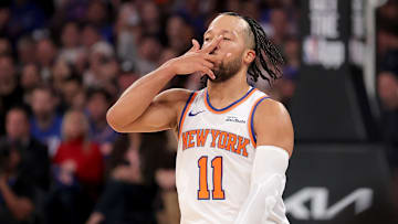 Nov 5, 2025; New York, New York, USA; New York Knicks guard Jalen Brunson (11) celebrates his three point shot against the Minnesota Timberwolves during the third quarter at Madison Square Garden. Mandatory Credit: Brad Penner-Imagn Images