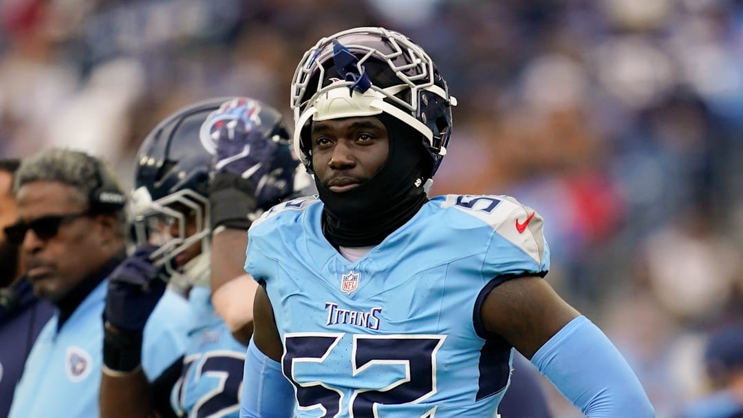 Tennessee Titans linebacker James Williams Sr. (52) watches his team face the Los Angeles Chargers during the third quarter at Nissan Stadium in Nashville, Tenn., Sunday, Nov. 2, 2025.
