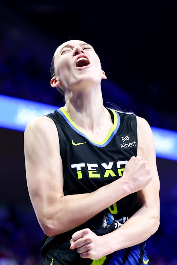 Dallas Wings guard Paige Bueckers reacts during the second half against the Los Angeles Sparks